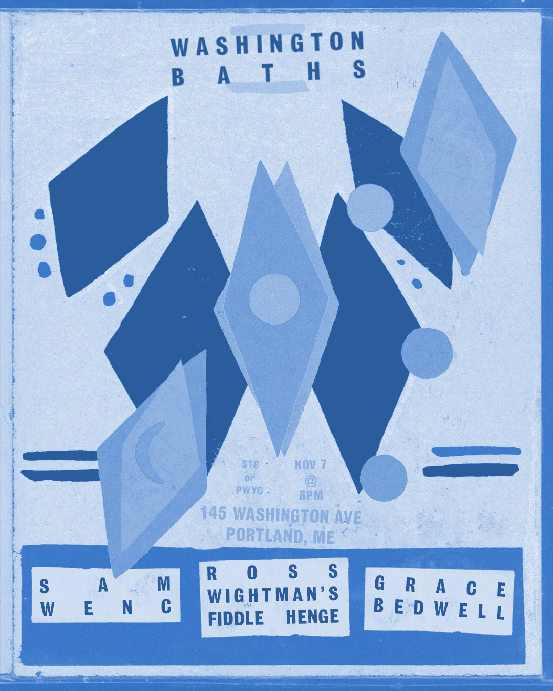 November 7 concert poster featuring Sam Wenc, Ross Wightman’s Fiddle Henge, and Grace Bedwell at Washington Baths.